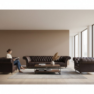 Luxusbrong Chesterfield Miwwelen Ledergarnitur Véiersëtzer Fauteuil 2-Sëtzer