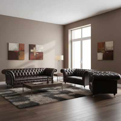 Luxusbrong Chesterfield Miwwelen Ledergarnitur Véiersëtzer Fauteuil 2-Sëtzer