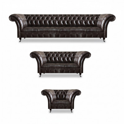 Luxusbrong Chesterfield Miwwelen Ledergarnitur Véiersëtzer Fauteuil 2-Sëtzer