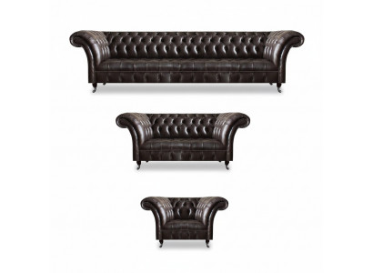 Luxusbrong Chesterfield Miwwelen Ledergarnitur Véiersëtzer Fauteuil 2-Sëtzer