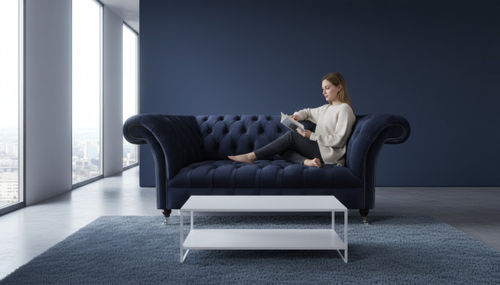 Däischterbloë Polster-Couch Chesterfield Wunnzëmmer Textil-Sofa Modern Miwwelen