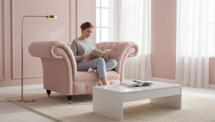 Chesterfield Rosa Eenzeleefstel Wunnzëmmer Designer Textilfauteuil 1-Sëtz