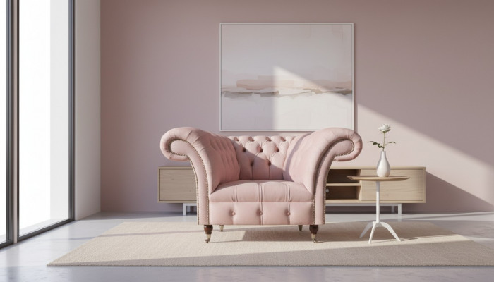 Chesterfield Rosa Eenzeleefstel Wunnzëmmer Designer Textilfauteuil 1-Sëtz