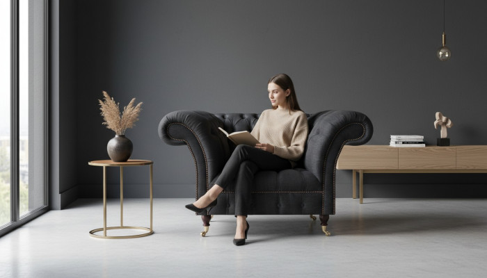 Wunnzëmmer Chesterfield schwaarzen Einsëtzer Textilsessel Edel Sessel
