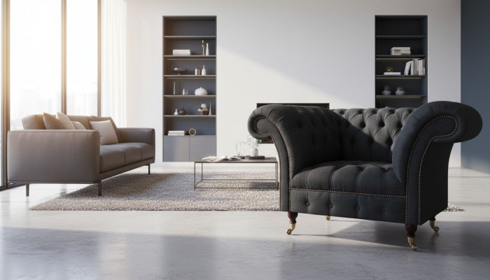 Wunnzëmmer Chesterfield schwaarzen Einsëtzer Textilsessel Edel Sessel