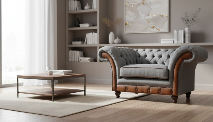 Chesterfield hellgroue Lehnsessel Designer Stoffsessel Textil Miwwelen