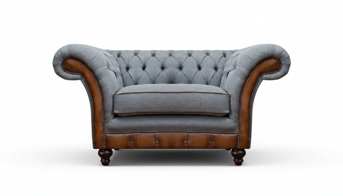 Chesterfield hellgroue Lehnsessel Designer Stoffsessel Textil Miwwelen