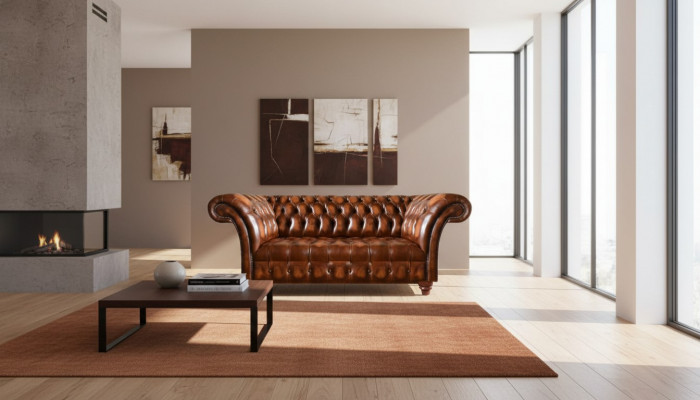 Edel Chesterfield Canapéë Braun Liewenszëmmer Lieder Sëtzkanapé Textilsofa