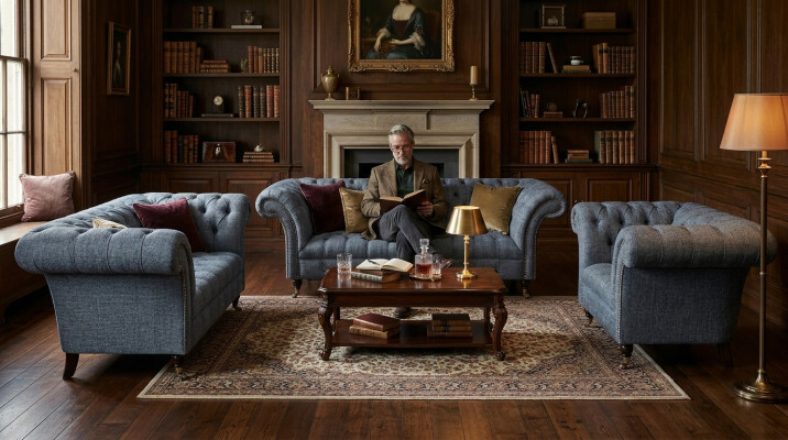 Wunnzëmmer Chesterfield Set Designer Gro Sofagarnitur Fotell 3-Sëtzer