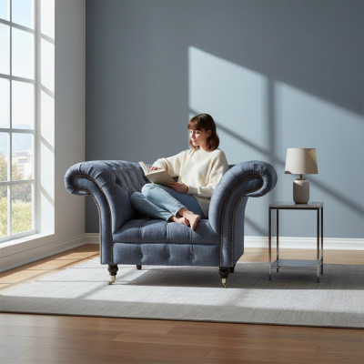 Modernen Chesterfield Einsëtzer Grauen Wunnzëmmer Textilfauteuil 1-Sëtz.
