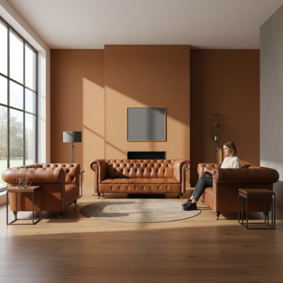 Braun Chesterfield Ledersofa Designer Wunnzëmmer Couchen Miwwele 3tlg