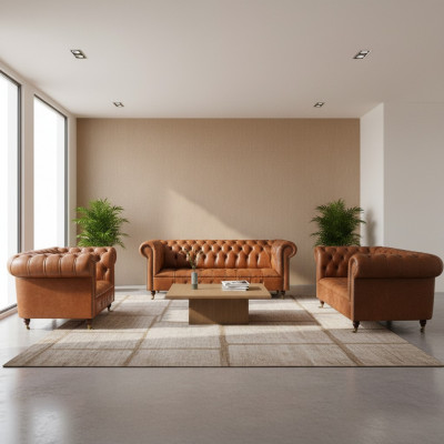 Braun Chesterfield Ledersofa Designer Wunnzëmmer Couchen Miwwele 3tlg