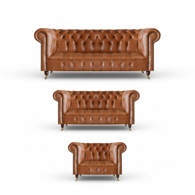 Braun Chesterfield Ledersofa Designer Wunnzëmmer Couchen Miwwele 3tlg