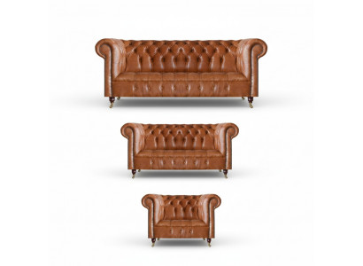 Braun Chesterfield Ledersofa Designer Wunnzëmmer Couchen Miwwele 3tlg
