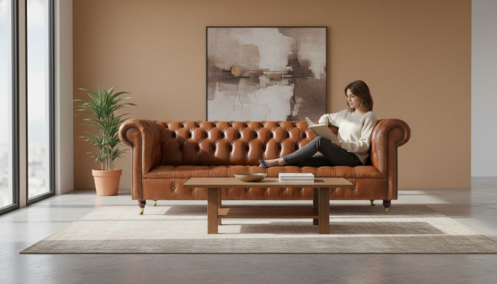 Wunnzëmmer Véiersëtzer Chesterfield Designer Canapéë Luxus Ledersofaen