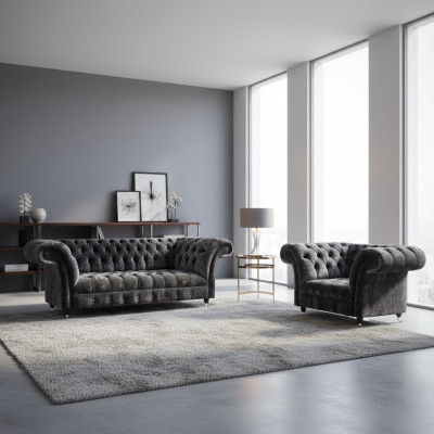 Chesterfield Polstermébel Wunnzëmmer Textil Drësëtzer Edle Fauteuil 2-Stéck
