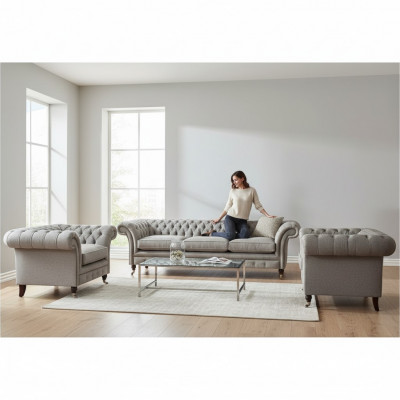 Modern Chesterfield Sëtzgrupp Textilsofaen Sesselen Polsterméiwel 3tlg