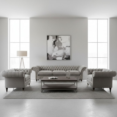 Modern Chesterfield Sëtzgrupp Textilsofaen Sesselen Polsterméiwel 3tlg