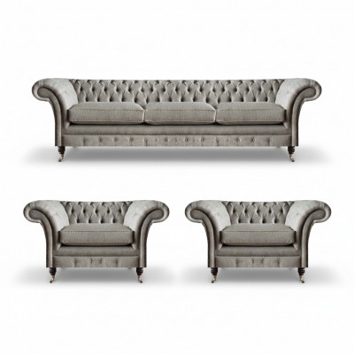 Modern Chesterfield Sëtzgrupp Textilsofaen Sesselen Polsterméiwel 3tlg