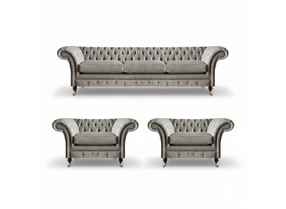 Modern Chesterfield Sëtzgrupp Textilsofaen Sesselen Polsterméiwel 3tlg