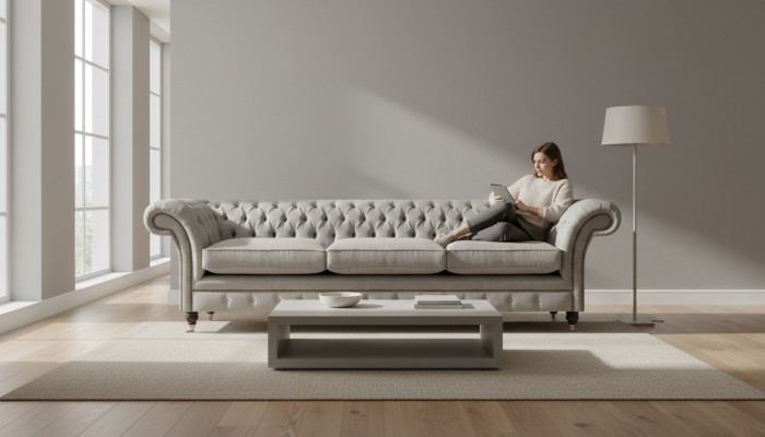 Chesterfield Dräisëtzer am Grauwe Wohnzëmmer gepolstert Sofas Designer Couchen