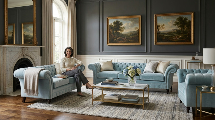 Luxuriéis Blo Chesterfield Polstersëtzer Dräisëtzer Leensessel 3tlg