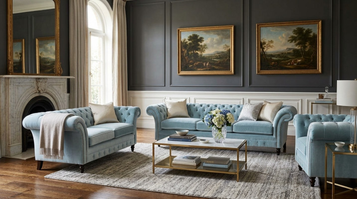 Luxuriéis Blo Chesterfield Polstersëtzer Dräisëtzer Leensessel 3tlg