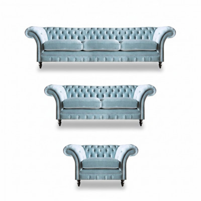 Luxuriéis Blo Chesterfield Polstersëtzer Dräisëtzer Leensessel 3tlg