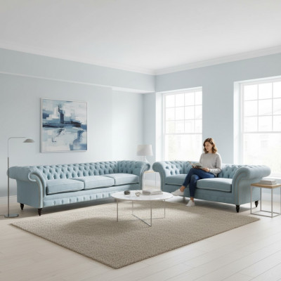 Stilvoll hellblo Chesterfield Designer Garnitur Dräisëtzer 2-Sëtzer