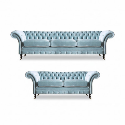 Stilvoll hellblo Chesterfield Designer Garnitur Dräisëtzer 2-Sëtzer