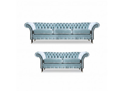 Stilvoll hellblo Chesterfield Designer Garnitur Dräisëtzer 2-Sëtzer