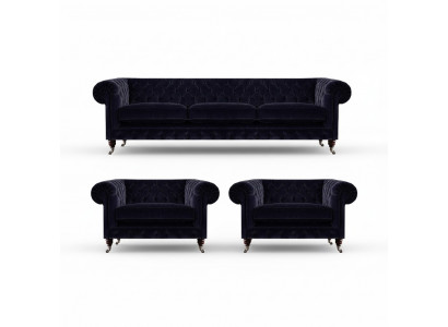 Blo Chesterfield Canapé-Set Designer 3-Sëtzer 2x Polstersessel 3-stéckeg