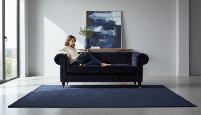 Däischterbloen Chesterfield Zweisetzer Wunnzëmmer Edelt Stoffsofa Canapé