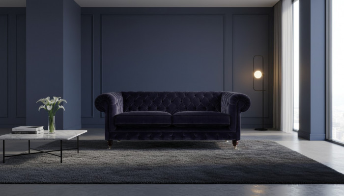 Däischterbloen Chesterfield Zweisetzer Wunnzëmmer Edelt Stoffsofa Canapé
