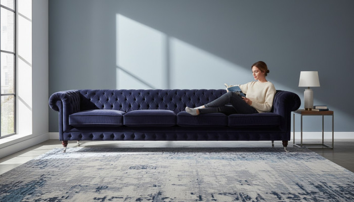 Chesterfield Donkelblo Couch mat véier Sëtzplaze fir d'Wunnzëmmer Polstersëtzmiwwelen
