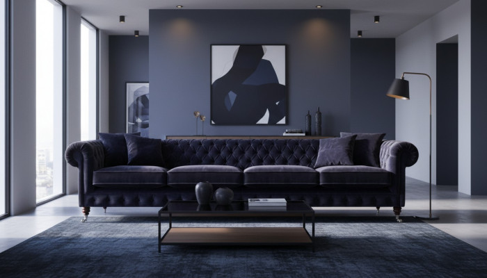 Chesterfield Donkelblo Couch mat véier Sëtzplaze fir d'Wunnzëmmer Polstersëtzmiwwelen