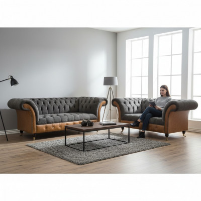 Hellgrou-Brascht Chesterfield Sofa Set Edel Sëtzmiwwelen Modern Garnitur