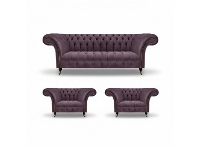 Chesterfield donkelviolett Sofa-Set Drësëtz 2x Textilsëtz 3tlg