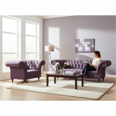 Chesterfield Lila Wunnzëmmer Couch-Garnitur Edelen 3-Sëtzer Textil Fauteuil