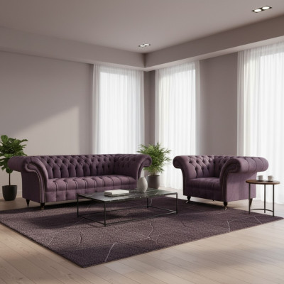 Chesterfield Lila Wunnzëmmer Couch-Garnitur Edelen 3-Sëtzer Textil Fauteuil