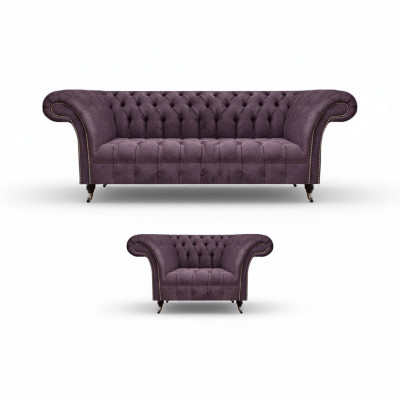 Chesterfield Lila Wunnzëmmer Couch-Garnitur Edelen 3-Sëtzer Textil Fauteuil