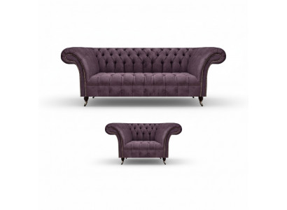 Chesterfield Lila Wunnzëmmer Couch-Garnitur Edelen 3-Sëtzer Textil Fauteuil
