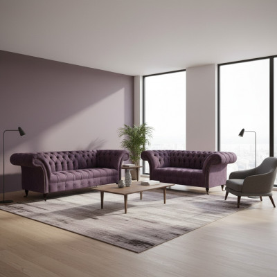 Komplett Chesterfield Lila Sëtzgarnitur 2x Sofas Drësëtzeger 2-Sëtzeger