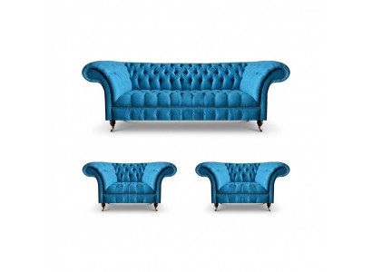 Wunnzëmmer Chesterfield Sëtzgruppe Nobelen Dräisëtzer 2x Polstersessel