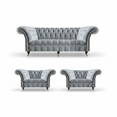 Hellgro Chesterfield Sëtzgrupp Dräisëtzer Eensëtzer 2x Fauteuil 3 Teiler