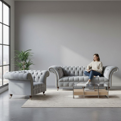 Komplett Gro Chesterfield Sëtzmiwwelen Edle Fauteuil 3-Sëtzer Canapé