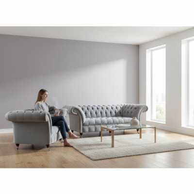 Chesterfield hellgraue Polster Garnitur Designer 2x Textilsofaen 2-teileg