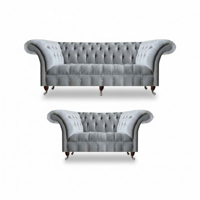 Chesterfield hellgraue Polster Garnitur Designer 2x Textilsofaen 2-teileg