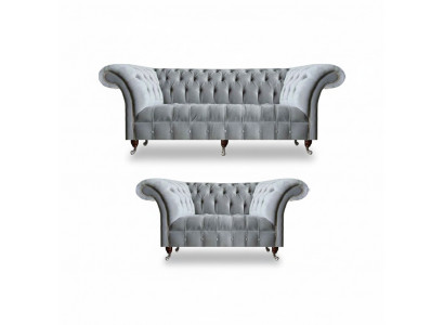Chesterfield hellgraue Polster Garnitur Designer 2x Textilsofaen 2-teileg