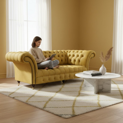 Chesterfield Luxus Miwwelen Dräisëtzer Sofa Couch Textil Polstersofa Wunnzëmmer
